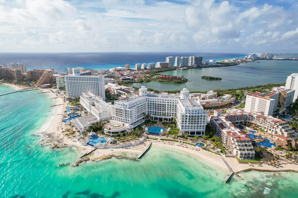 Cancun, Mexico - September 17, 2021: View of Beautiful Hotel Riu Palace Las Americas in the Hotel Zone of Cancun. Riviera Maya Region in Quintana Roo on Yucatan Peninsula. Aerial Panoramic View of All-Inclusive Resort.